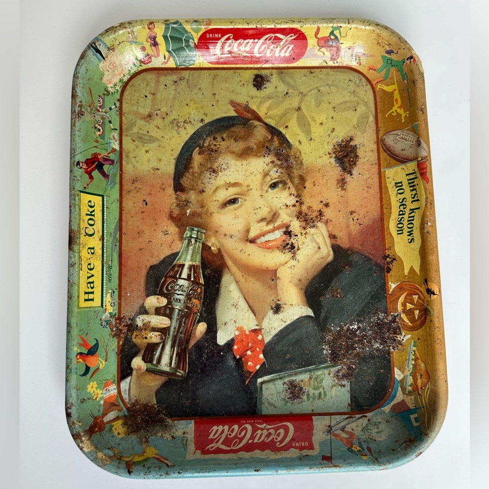 Vintage 1953 Coca Cola Menu Girl Thirst Knows No Season Metal Advertising Tray